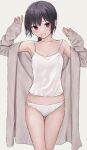  1girl akipeko armpits black_hair blush breasts camisole coat collarbone grey_coat grin highres looking_at_viewer midriff original panties red_eyes ribbed_coat small_breasts smile solo thigh_gap underwear white_camisole white_panties 