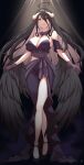  1girl absurdres ahoge albedo_(overlord) bare_shoulders black_feathers black_hair black_wings breasts cleavage demon_girl demon_horns demon_wings detached_collar detached_sleeves dress feathered_wings feathers gloves hair_between_eyes high_heels highres horns large_breasts long_hair low_wings open_mouth overlord_(maruyama) purple_dress purple_gloves raise094 slit_pupils very_long_hair white_horns wings yellow_eyes 