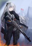  1girl absurdres ak-12 ak-12_(girls&#039;_frontline) artificial_eye assault_rifle black_pants braid cape french_braid girls&#039;_frontline grey_hair gun hair_ribbon high_ponytail highres holding holding_gun holding_weapon kalashnikov_rifle knee_pads long_hair mask mask_removed mechanical_eye mouth_mask one_eye_closed pants purple_eyes ribbon rifle tactical_clothes trigger_discipline unitaka weapon 