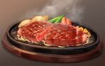  brown_background commentary_request food food_focus food_request gradient gradient_background gunjima_souichirou meat no_humans original sizzler_plate steak steam still_life 
