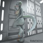  1:1 2022 3d_(artwork) anthro anthrofied big_butt breasts butt claws digital_media_(artwork) digitigrade dinosaur dromaeosaurid duo fan_character female green_body green_scales grey_body grey_scales hand_on_leg hand_on_thigh hi_res inside looking_at_viewer nipples non-mammal_breasts non-mammal_nipples nude open_mouth pose pupils raised_leg rear_view reptile scaleddelta scales scalie slit_pupils solo source_filmmaker teeth theropod tongue tongue_out velociraptor yellow_eyes 
