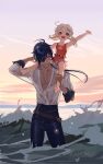  1boy 1girl :d arm_up blonde_hair blue_eyes blue_hair child dark_blue_hair eyepatch female_child genshin_impact highres kaeya_(genshin_impact) klee_(genshin_impact) lu_luu99 on_shoulder open_mouth pants pointy_ears red_eyes sky smile sunset wading water waves wet wet_clothes 