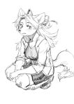  accessory anthro aruurara bottomwear camisole canid canine clothed clothing crouching female footwear freesia_(aruurara) hair hair_accessory hair_ribbon hi_res kemono kneeling legwear long_hair long_sleeve_shirt looking_at_viewer mammal monochrome open_clothing open_shirt open_topwear pleated_skirt ribbons shirt shoes simple_background sketch skirt solo stockings topwear white_background 