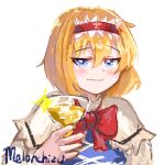  alcohol alice_margatroid artist_name blonde_hair blue_dress blue_eyes blush bow cup dot_nose dress drinking_glass hair_between_eyes headband highres parody red_bow short_hair smile smug soldierburger sparkle touhou wine wine_glass 