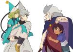  1boy 3girls blonde_hair blush brown_hair carrying carrying_person cloak coco_(tongari_boushi_no_atelier) dark-skinned_female dark_skin dress edalyn_clawthorne grey_hair hat highres hood hoodie hug looking_at_another luz_noceda multiple_girls nesquik_helado qifrey&#039;s_atelier_apprentice_uniform qifrey_(tongari_boushi_no_atelier) simple_background sleeveless sleeveless_dress smile staff sunglasses the_owl_house tongari_boushi_no_atelier trait_connection witch_hat 