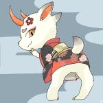  2_horns animal_crossing asian_clothing cervid clothing dipstick_ears fur hooves horn looking_back maaruutaa0 mammal multicolored_ears nintendo orange_eyes scut_tail shino_(animal_crossing) short_tail small_tail smile video_games white_body white_fur 