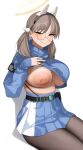  1girl animal_ears bangs blue_archive blue_skirt blue_sweater blush breasts fake_animal_ears glasses hair_ornament halo highres large_breasts light_brown_hair long_hair long_sleeves looking_at_viewer moe_(blue_archive) nipples pom_pom_(clothes) pom_pom_hair_ornament rabbit_ears senju_(snz0) skirt smile solo sweater thighs twintails yellow_eyes 