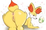  2022 all_fours anthro anus bent_over big_butt blush breasts bustingmangos butt canid canine digital_media_(artwork) egg female fennekin fluffy fur generation_6_pokemon genitals half-closed_eyes imminent_sex inner_ear_fluff inviting looking_at_viewer looking_back mammal multicolored_body narrowed_eyes nintendo nude pokemon pokemon_(species) pussy question_mark red_eyes side_boob simple_background smile solo thick_thighs tuft video_games yellow_body yellow_fur 