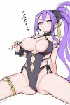  1girl bangs bare_shoulders black_one-piece_swimsuit breasts cameltoe cleavage crotch earrings fate/grand_order fate_(series) grin hair_between_eyes hair_ornament hair_scrunchie highleg highleg_swimsuit highres jewelry large_breasts long_hair navel nipples one-piece_swimsuit purple_eyes purple_hair scrunchie senbei_(avocadochaya) side_ponytail sidelocks smile solo spread_legs swimsuit thighlet thighs translation_request very_long_hair wrist_scrunchie wu_zetian_(fate) wu_zetian_(swimsuit_caster)_(fate) wu_zetian_(swimsuit_caster)_(first_ascension)_(fate) 