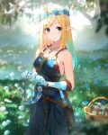  1girl :o bare_shoulders blonde_hair blurry blurry_background blush dress elf fantasy field flower flower_field gloves green_eyes head_wreath holding holding_flower long_hair original outdoors pointy_ears solo sword weapon yoshitake 