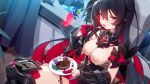 1girl black_hair bracer breasts bug butterfly cherry951753 chinese_commentary colored_inner_hair commentary_request crossed_legs dutch_angle eating food fork gloves half_gloves holding holding_fork holding_plate honkai_(series) honkai_impact_3rd looking_at_viewer medium_breasts multicolored_hair nipples nude_filter plate red_eyes red_gloves red_hair seele_(alter_ego) seele_vollerei seele_vollerei_(starchasm_nyx) sitting solo third-party_edit two-tone_hair 
