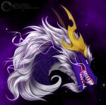  angry anthro asian_mythology cosmic_background dragon east_asian_mythology eastern_dragon ej_artworkz_(artist) electricity fangs fulgerion hair headshot horn lightning looking_at_viewer male mythology scalie smile smirk solo space star teeth thunder 