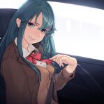  1girl bangs blazer blue_hair blush bow bowtie breasts brown_jacket brown_sweater_vest clenched_teeth collared_shirt commentary fuwafuwatoufu green_eyes hair_between_eyes hair_ornament hairclip highres jacket kantai_collection long_hair long_sleeves looking_at_viewer red_bow red_bowtie school_uniform seat seatbelt shirt sitting solo suzuya_(kancolle) sweat sweater_vest symbol-only_commentary teeth upper_body vehicle_interior white_shirt 
