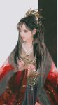  1girl chinese_clothes closed_mouth expressionless hair_bun hair_ornament hanfu holding holding_jewelry jewelry long_hair long_sleeves looking_to_the_side original realistic shiny shiny_hair solo two-tone_background upper_body yi_chui_jitui_zi 
