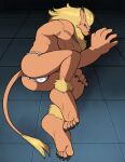  anthro asian_clothing bandai_namco blonde_hair claws clothing digimon digimon_(species) east_asian_clothing felid fundoshi hair japanese_clothing leomon lion lying male mammal muscular muscular_anthro muscular_male on_side pantherine scar solo thegreatmatstuzu underwear 