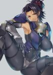  1girl armor armpits ashera_(xenoblade) black_hair bodysuit breasts covered_navel covered_nipples dark-skinned_female dark_skin elbow_gloves gloves grin hair_ornament harunori_oogami highres large_breasts looking_at_viewer medium_hair ponytail red_eyes shoulder_armor sitting skin_tight smile teeth weapon xenoblade_chronicles_(series) xenoblade_chronicles_3 