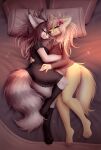  absurd_res anthro anthro_on_anthro black_clothing black_legwear black_nose blonde_hair bloominglynx brown_hair butt_tuft closed_smile clothed clothing cuddling duo ear_tuft eyes_closed female female/female fluffy fluffy_tail fur grey_body grey_fur hair hi_res knee_tuft leg_tuft legwear lying markings mouth_closed on_side panties pink_clothing pink_panties pink_underwear red_clothing red_topwear striped_body striped_fur striped_markings striped_tail stripes tail_markings topwear tuft underwear white_body white_fur yellow_body yellow_fur yukki_kirai 