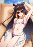 1girl arm_up armpits bangs bikini blunt_bangs blush gloves gradient_hair hair_ornament halo hololive hololive_english long_hair looking_at_viewer low_wings lying multicolored_hair naoillus navel ninomae_ina&#039;nis o-ring o-ring_top on_back orange_hair pointy_ears purple_hair shiny shiny_skin sidelocks smile solo stomach swimsuit tentacle_hair thighs twitter_username very_long_hair virtual_youtuber wings 