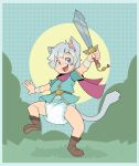  ambiguous_gender animal_humanoid blush boots child clothing cuddlehooves diaper felid felid_humanoid feline feline_humanoid footwear grass hi_res humanoid mammal mammal_humanoid melee_weapon on_one_leg open_mouth plant smile solo standing sun sword teeth tunic weapon young 