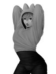  3:4 absurd_res alpha_channel animal_humanoid arms_above_head bangs beelzebub_(obey_me!) black_clothing cat_humanoid clothed clothing crop_top dreamscreep felid felid_humanoid feline feline_humanoid front_view fully_clothed greyscale hair hair_between_eyes half-closed_eyes hi_res hood hoodie humanoid lineless looking_at_viewer male mammal mammal_humanoid monochrome narrowed_eyes obey_me! prick_ears raised_arm shaded shirt simple_background solo tight_clothing topwear transparent_background wide_hips 