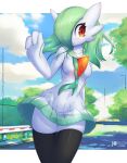  breasts clothed clothing day female full-length_portrait gardevoir generation_3_pokemon hi_res humanoid legwear looking_at_viewer nintendo outside pokemon pokemon_(species) portrait red_eyes rilex_lenov solo video_games white_body white_clothing 