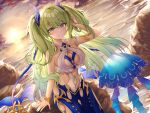  1girl absurdres arm_up bangs bare_shoulders blue_nails blue_skirt blue_sky breasts cleavage closed_mouth cloud cloudy_sky collarbone commentary_request gr_greeze green_eyes green_hair hair_between_eyes hand_in_own_hair highres honkai_(series) honkai_impact_3rd horizon horns long_hair looking_at_viewer medium_breasts mobius_(honkai_impact) nail_polish ocean outdoors skirt sky smile solo splashing sun sunset twintails two_side_up very_long_hair water 