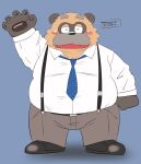  2022 anthro belly big_belly blush bottomwear canid canine clothing eyes_closed facial_hair kemono male mammal mature_male mustache necktie overweight overweight_male pants raccoon_dog shirt simple_background solo suspenders tanuki topwear toshi_(artist) 