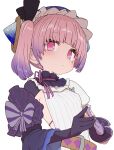  1girl atelier_(series) atelier_lydie_&amp;_suelle bangs blunt_bangs blush breasts elbow_gloves frilled_shirt_collar frills gloves looking_at_viewer lydie_marlen medium_hair pink_eyes pink_hair purple_hair side_ponytail small_breasts solo steepled_fingers sumiyao_(amam) upper_body white_background 