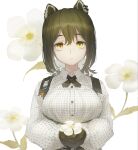  1girl absurdres animal_ears arknights bangs black_gloves breasts brown_hair buckle buttons closed_mouth collared_shirt commentary dassyoku earrings expressionless flower freckles gloves highres holding holding_flower jewelry large_breasts long_sleeves looking_at_viewer polka_dot polka_dot_shirt raccoon_ears raccoon_girl robin_(arknights) shirt short_hair sidelocks slit_pupils solo straight-on strap upper_body white_background white_flower white_shirt yellow_eyes 