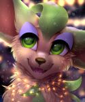  5:6 absurd_res ambiguous_gender bloominglynx blurred_background bust_portrait cheek_tuft eeveelution eyelashes facial_tuft fangs fur generation_4_pokemon glistening glistening_eyes green_body green_ears green_eyes green_fur happy hi_res leafeon neck_tuft nintendo open_mouth open_smile pokemon pokemon_(species) portrait red_inner_ear red_tongue smile solo tan_body tan_fur tongue tuft video_games 