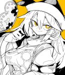  1girl black_headwear breasts closed_mouth constellation_print drum hair_between_eyes hat instrument large_breasts long_hair massakasama matara_okina simple_background smile solo spot_color tabard touhou tsuzumi upper_body wide_sleeves yellow_background yellow_eyes 