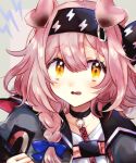  1girl animal_ears arknights black_collar blue_background bow braid cat_ears character_name collar collarbone goldenglow_(arknights) hair_between_eyes hair_bow hairband highres holding holding_weapon lightning_bolt_symbol looking_at_viewer masuko open_mouth pink_hair solo weapon yellow_eyes 
