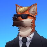  1:1 agent_lang_(li&#039;l_melon) anthro blonde_hair canid canine eyewear flaviomodezto fur hair headshot_portrait hi_res inner_ear_fluff low-angle_view male mammal maned_wolf mohawk necktie orange_body orange_fur portrait serious serious_face solo strays_in_paradise sunglasses tuft 