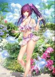  1girl bare_legs bikini bracelet breasts cloud fate/grand_order fate_(series) fish flower footwear hair_ornament highres jewelry koyama_hirokazu large_breasts long_hair nail_polish navel non-web_source official_art open_mouth purple_hair red_eyes scathach_(fate) scathach_skadi_(fate) scathach_skadi_(swimsuit_ruler)_(fate) shiny sky standing swimsuit thighs twintails 