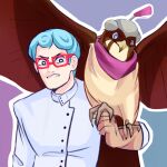  1boy bird black_eyes blue_hair brown_gloves ghiaccio glasses gloves hawk highres jacket jojo_no_kimyou_na_bouken long_sleeves looking_at_viewer ochetus open_mouth outline pet_shop power_connection short_hair single_glove solo stardust_crusaders teeth two-tone_background upper_body vento_aureo white_jacket white_outline 