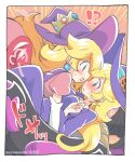  !? 2girls blonde_hair blue_eyes blush dress earrings elbow_gloves eromame gloves hat jewelry long_hair mario_(series) mario_kart mario_kart_tour multiple_girls pink_dress princess_peach puffy_short_sleeves puffy_sleeves purple_dress rosalina short_sleeves star_(symbol) star_earrings twitter_username white_gloves witch_hat yuri 