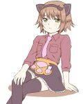  1girl animal_ears brown_hair cat_ears closed_mouth crossed_legs frown green_eyes hairband looking_at_viewer lowres necktie paw_print rita_mordio sensaki_chihiro short_hair simple_background skirt solo tales_of_(series) tales_of_vesperia thighhighs white_background 