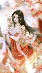  1girl absurdres arm_up artist_request black_hair blurry blurry_background branch breasts cai_lin_(doupo_cangqiong) closed_mouth crossed_arms doupo_cangqiong falling_petals flower highres lamia large_breasts light_particles long_hair monster_girl petals pointy_ears red_eyes sitting snake_tail solid_eye solo tail third-party_source 