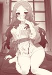  1girl bangs blush breasts fate/grand_order fate_(series) forehead greyscale grin highres japanese_clothes kimono leonardo_da_vinci_(fate) leonardo_da_vinci_(rider)_(fate) long_hair long_sleeves looking_at_viewer m-da_s-tarou monochrome parted_bangs small_breasts smile solo thighs yukata 