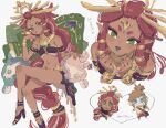  1boy 1girl 723_(yamenkaaa) armlet bare_legs bare_shoulders blue_lips bracelet braid breasts cheek_rest circlet crop_top crossed_legs dark-skinned_female dark_skin eager gerudo green_eyes hair_rings head_tilt headpiece highres jewelry link long_hair looking_at_viewer midriff narrow_waist navel neck_ring pillow pointy_ears puckered_lips red_hair riju sand_seal_(zelda) sitting sketch small_breasts smile stuffed_toy stuffed_walrus the_legend_of_zelda the_legend_of_zelda:_breath_of_the_wild very_long_hair 