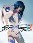  1girl ass blue_hair bob_cut bodysuit breasts copyright_name cowboy_shot darling_in_the_franxx facing_away from_behind frown furrowed_brow gradient gradient_background green_eyes hair_ornament hairclip hand_on_own_chest highres ichigo_(darling_in_the_franxx) jabekun looking_down pilot_suit short_hair sidelocks small_breasts solo standing tearing_up translated white_background white_bodysuit 