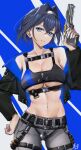  1girl absurdres alternate_costume bangs blue_eyes blue_hair breasts contrapposto cowboy_shot gun hair_intakes hand_on_hip handgun highres hololive hololive_english keisuke_desu~ large_breasts looking_at_viewer navel ouro_kronii short_hair solo stomach underboob virtual_youtuber weapon 