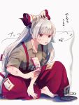  1girl anger_vein angry bangs barefoot blunt_bangs bow brown_shirt bug bug_bite collared_shirt flying fujiwara_no_mokou hair_bow highres hime_cut holding incense knee_up long_hair long_sleeves looking_at_viewer mokoiscat mosquito pants parted_lips red_eyes red_pants shirt signature sitting sleeves_rolled_up smoke solo sweat touhou white_background white_hair 