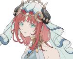  1girl bangs bare_shoulders blue_eyes brooch genshin_impact hair_ornament head_tilt jewelry long_hair looking_at_viewer neck_ring nilou_(genshin_impact) parted_bangs red_hair simple_background smile solo veil waku-mika white_background 