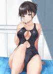  1girl arm_support bangs bare_arms bare_shoulders black_one-piece_swimsuit blue_eyes blush breasts brown_hair closed_mouth clothing_cutout commentary_request competition_swimsuit day groin hair_bun hand_up highleg highleg_swimsuit highres indoors knee_up large_breasts looking_at_viewer navel_cutout one-piece_swimsuit original sidelocks sitting smile solo sunlight swimsuit thighs wet wing_(aiastor) 