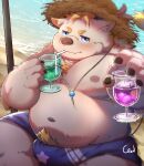  2022 absurd_res anthro babe_bunyan beach belly beverage big_belly blue_eyes blush bovid bovine cai_yuwang cattle clothing detailed_background drinking hat headgear headwear hi_res humanoid_hands kemono lifewonders male mammal moobs navel nipples overweight overweight_male seaside sitting solo straw_hat tokyo_afterschool_summoners video_games water 