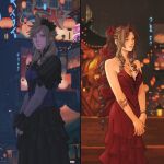  1boy 1girl aerith_gainsborough armlet bangs bare_shoulders black_dress blonde_hair blue_corset bracelet breasts brown_hair cleavage closed_eyes cloud_strife corset cowboy_shot crimson_sun crossdressing dress final_fantasy final_fantasy_vii final_fantasy_vii_remake fishnet_armwear flamenco_dress flower frilled_dress frills hair_flower hair_ornament hair_ribbon jewelry lantern long_dress medium_breasts multiple_necklaces neon_lights official_alternate_costume parted_bangs ponytail puffy_short_sleeves puffy_sleeves red_dress red_flower red_ribbon ribbon ringlets short_sleeves sidelocks spiked_hair strapless strapless_dress v_arms wavy_hair 