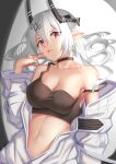  1girl absurdres arknights bangs bare_shoulders black_choker breasts choker cleavage collarbone grey_hair hair_between_eyes hair_in_mouth head_tilt highres horns large_breasts lipstick long_hair long_sleeves looking_at_viewer makeup mudrock_(arknights) navel off_shoulder open_clothes parted_lips pointy_ears red_eyes red_lips simple_background solo sports_bra strap_slip upper_body white_background youye_(rusk8588) 