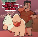  2022 anthro anukkyt belly big_belly bottomwear cartoon_network clothing dialogue duo english_text eyewear glasses hi_res human human_on_anthro ice_bear interspecies male male/male mammal moobs overweight overweight_male polar_bear shirt shorts text topwear ursid ursine we_bare_bears 