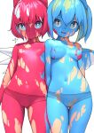  2girls ass_visible_through_thighs bangs bare_shoulders blue_bow blue_eyes blue_hair blush bodypaint bow breasts bright_pupils cameltoe cirno commentary_request contrapposto daiyousei eyebrows_hidden_by_hair fairy_wings flat_chest from_below green_hair hair_bow highres huxiao_(mistlakefront) ice ice_wings looking_at_viewer looking_to_the_side multiple_girls navel nipples one_side_up open_mouth short_hair simple_background small_breasts smile stomach thighs topless touhou white_background white_pupils wings yellow_bow 